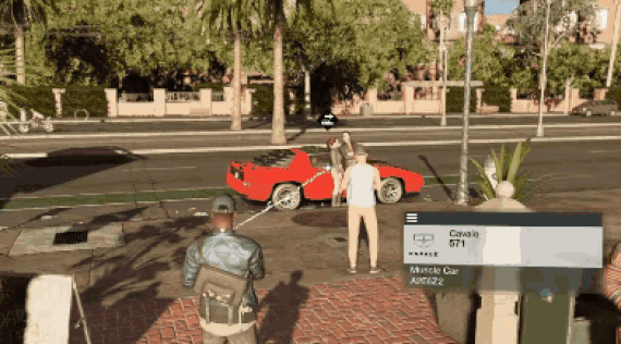 GIF z gry Watch_Dogs 2, jak główny bohater z telefonu steruje autem z ulicy