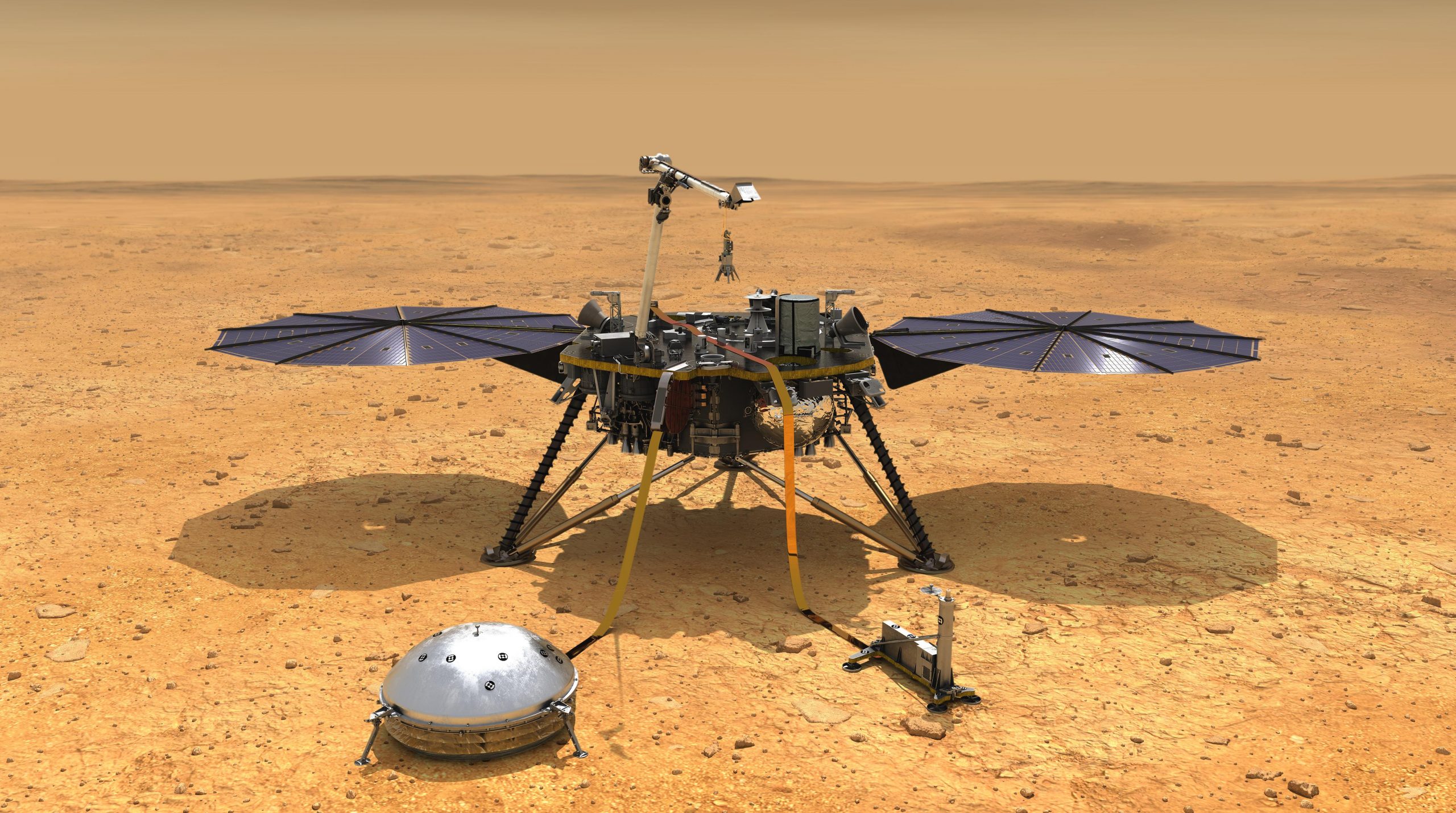 wizualizacja lądownika InSight na powierzchni Marsa