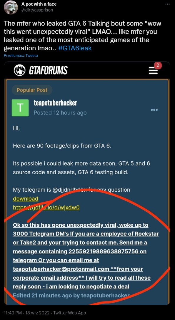 Tweet przedstawiający zrzut ekranu wiadomości hackera na forum GTA 6