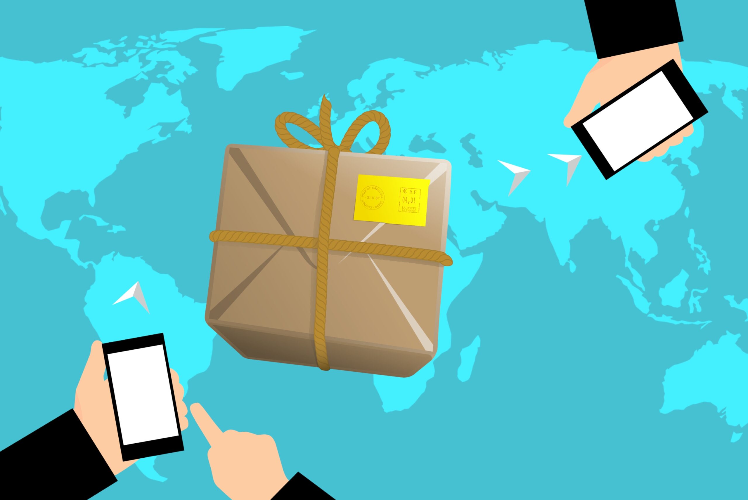 Międzynarodowe zakupy online przedstawione za pomocą grafiki z dwoma smartfonami i paczki na tle mapy świata