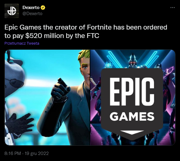 Dexerto o karze nałożonej na Epic Games