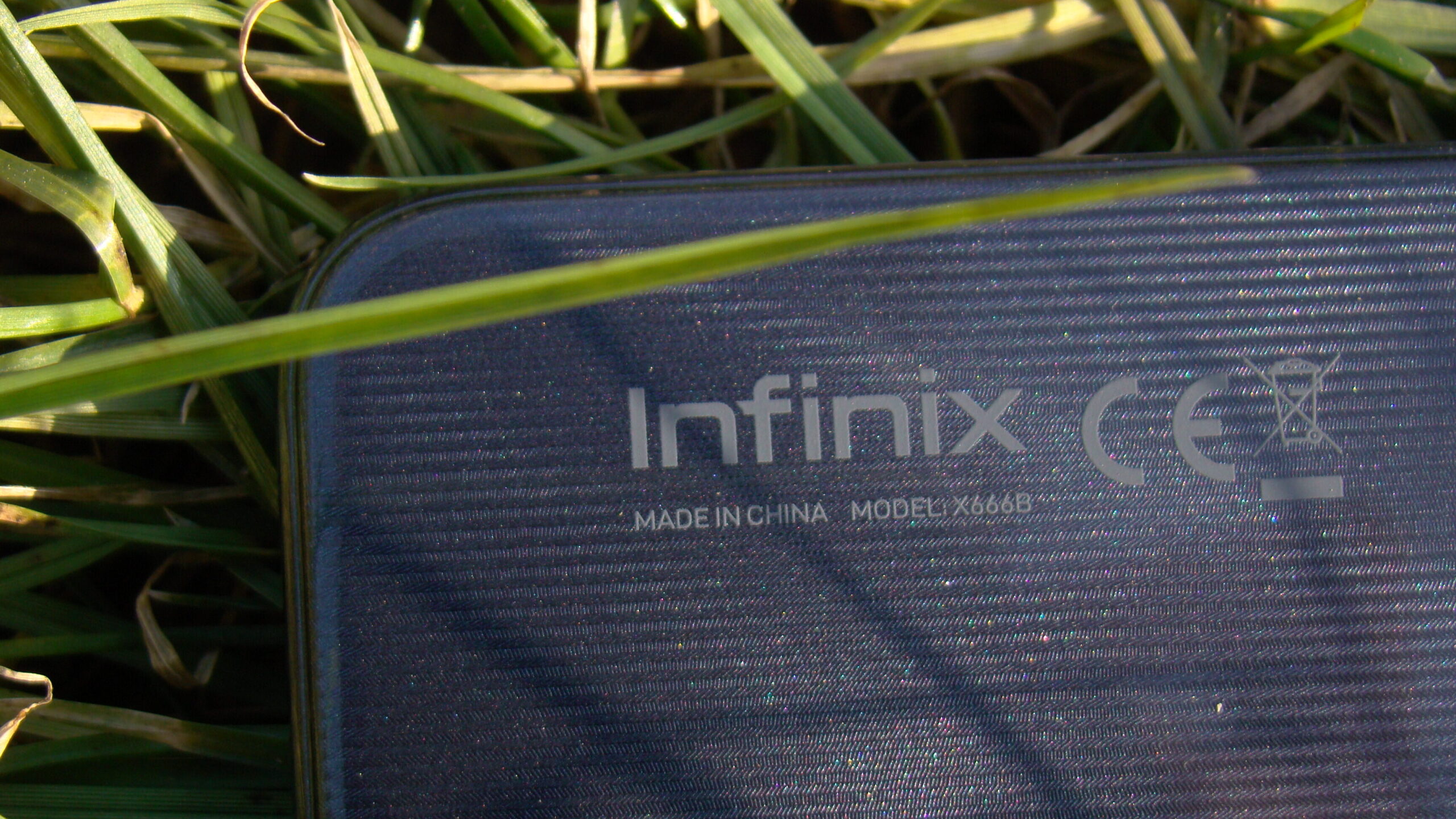 Znaczek producenta Infinix w trawie