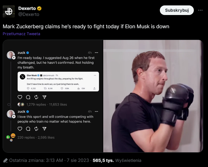 Musk vs Zuckerberg - Mark Zuckerberg jest już gotowy na pojedynek