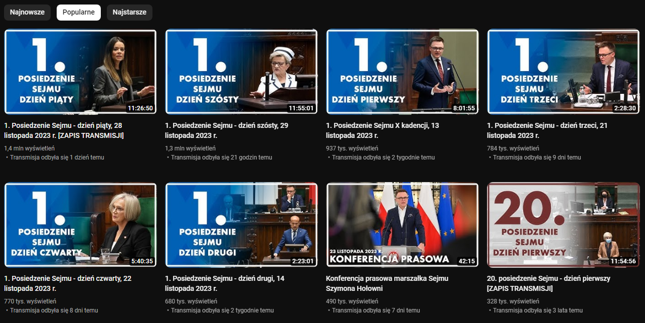 Sejm RP - najpopularniejsze streamy na YT