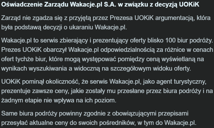 oświadczenie Zarządu spółki wakacje.pl w sprawie kary nałożonej przez UOKiK