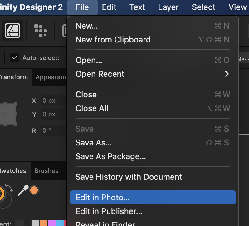 Zrzut ekranu programu Affinity Designer 2 z otwartym menu „File” z zaznaczoną opcją „Edit in Photo…”