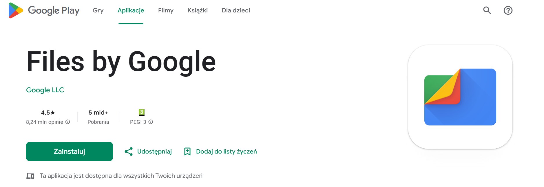 liczba pobrań Files by Google