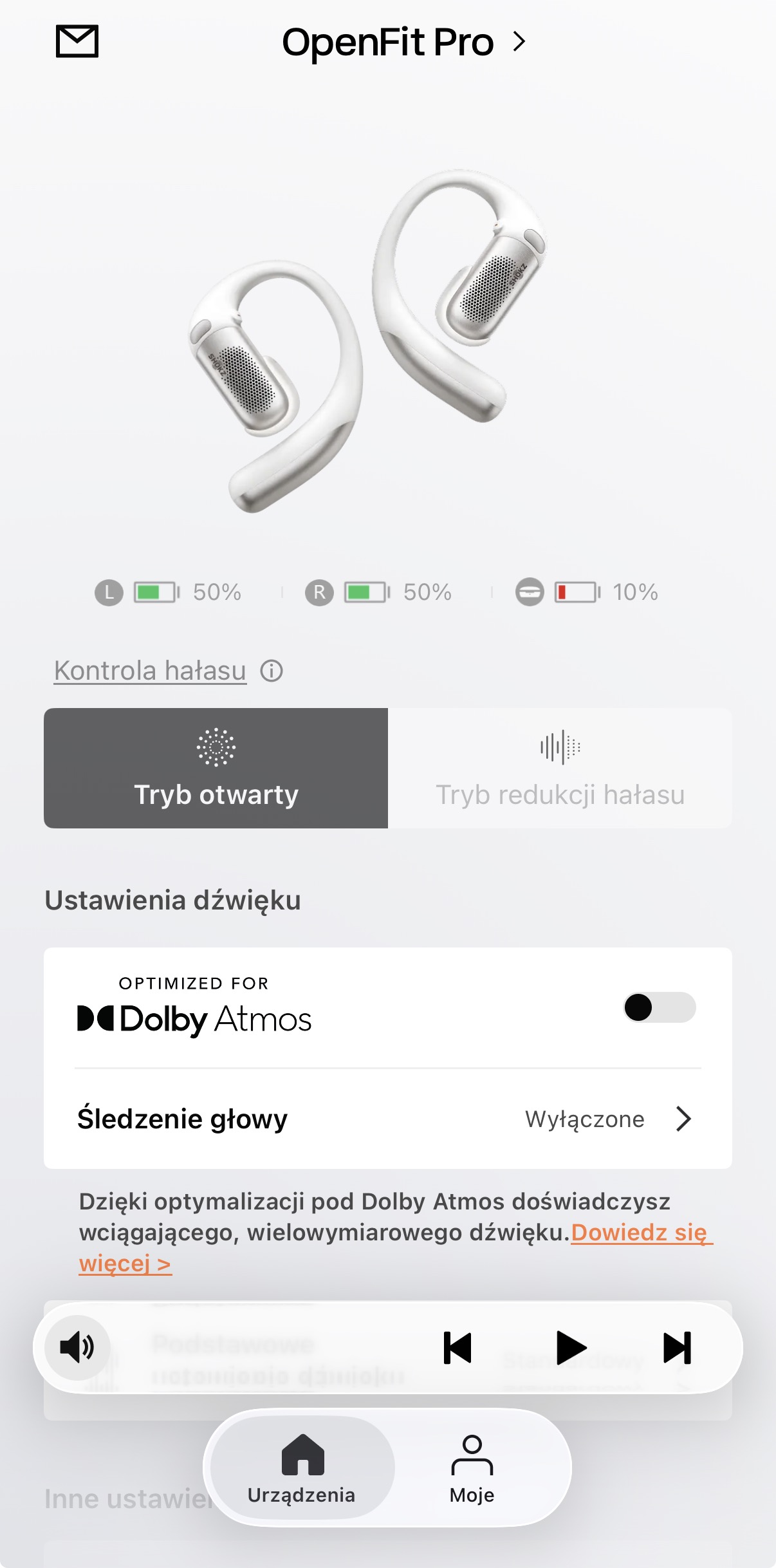 Shokz OpenFit Pro - zdjęcia z menu głównego aplikacji mobilnej