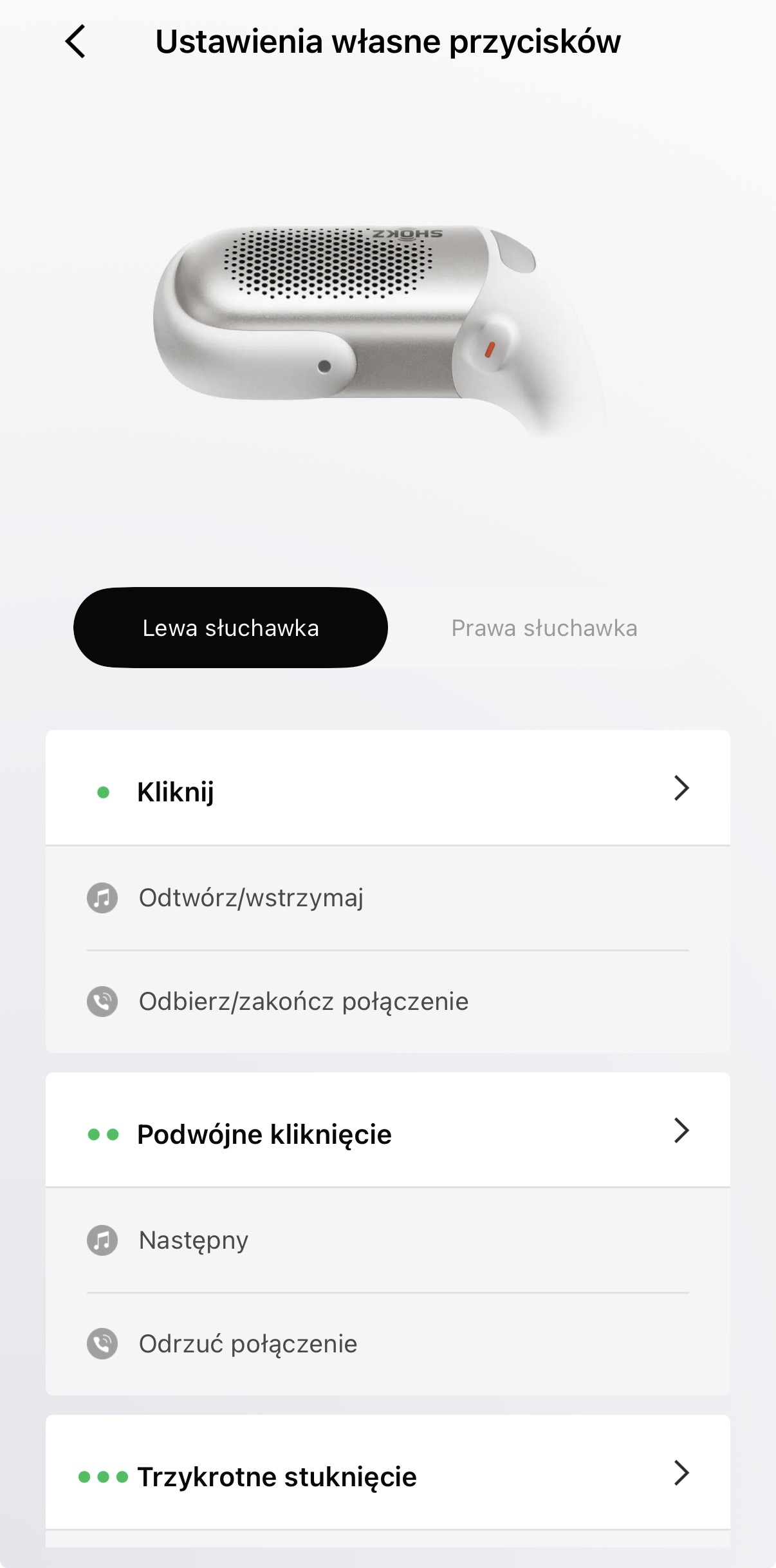 Shokz OpenFit Pro - możliwość konfiguracji własnych ustawień przycisków w aplikacji mobilnej