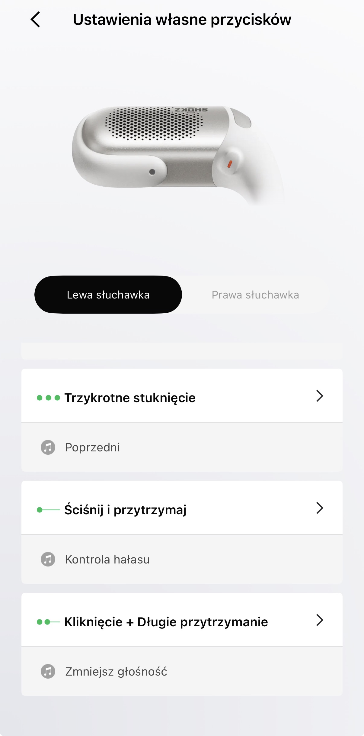 Shokz OpenFit Pro - możliwość konfiguracji własnych ustawień przycisków w aplikacji mobilnej