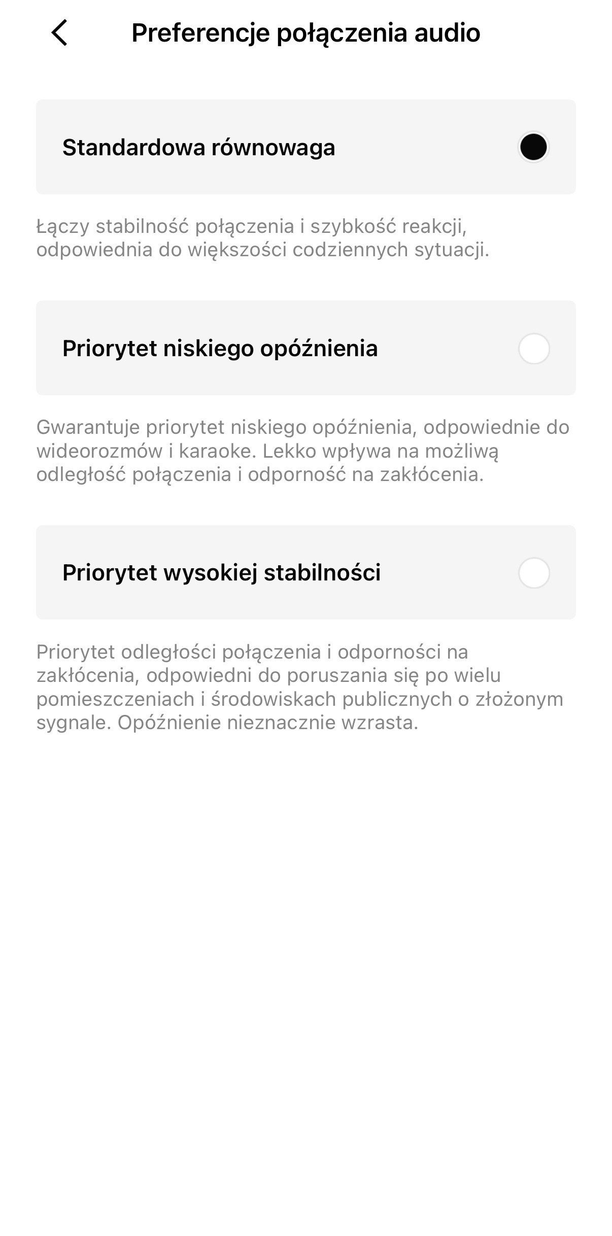 Shokz OpenFit Pro - preferencje połączenia audio; ustawienia w aplikacji mobilnej