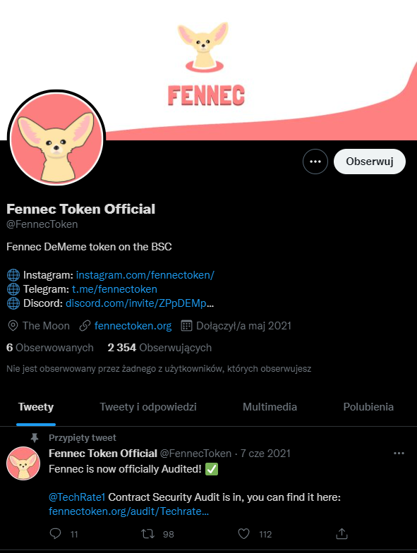 Oficjalny profil Fennec Token na Twitterze