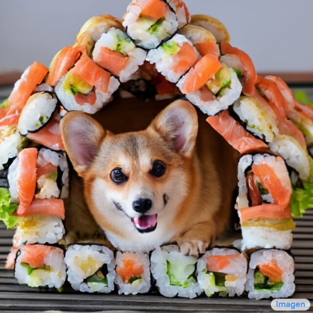 Pies w domu zrobionym z sushi - wygenerowane w Imagen
