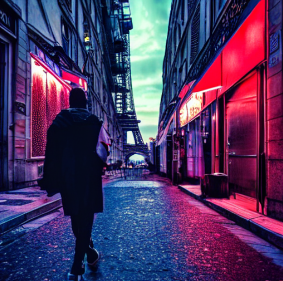 Grafika wygenerowana przez generator obrazów z Canvy - "Paryż w stylu cyberpunka"