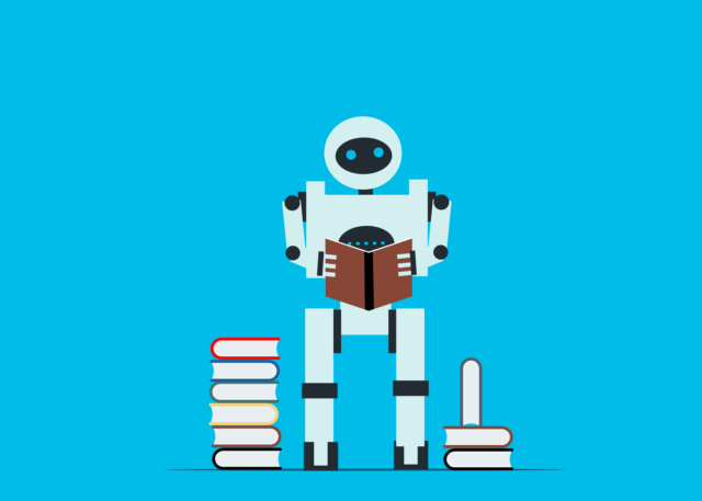 Robot czytający książki, który odzwierciedla uczące się algorytmy